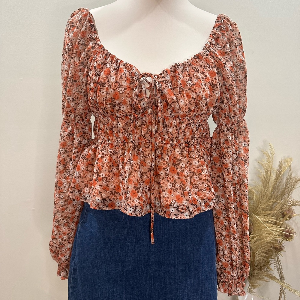 Altar'd State Rust Floral Smocked Peasant Blouse